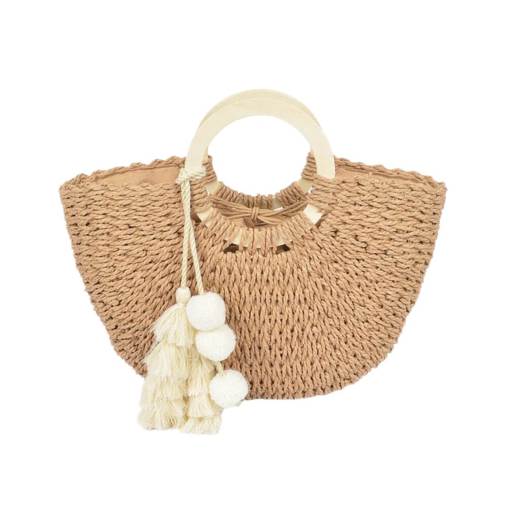 NWT Women's Boho Woven Paper Wood Handle Tasseled Tote Bag - Picture 3 of 8